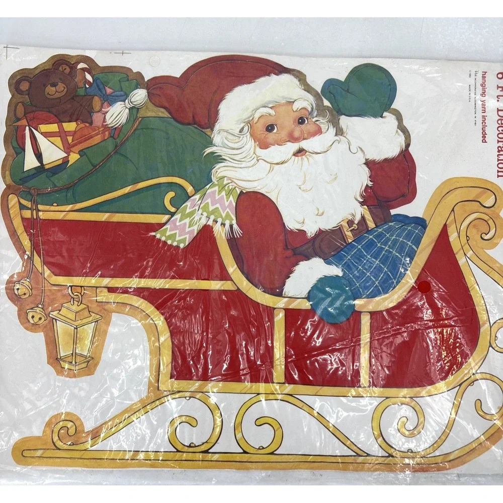 Vintage 1980s PECK Santa's Sleigh & Reindeer 6 Foot Velvety Flocked‎ Die Cut NEW